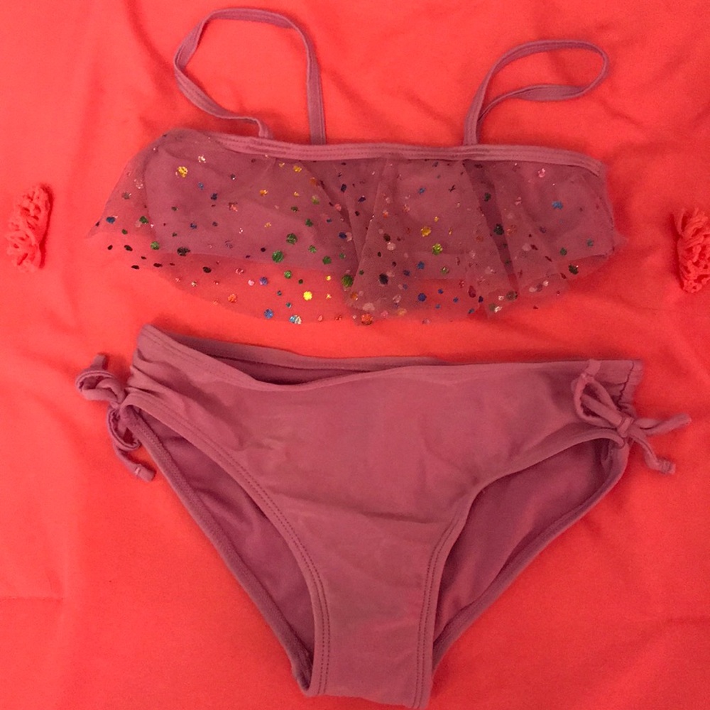 Purple girls bikini with glitter spotted mesh top